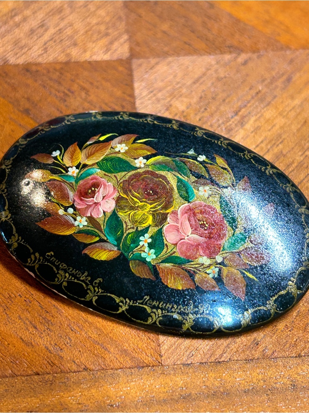 Vintage 1990 Signed Russian Lacquer Floral Brooch Pin Leningrad 3" Large Oval EC